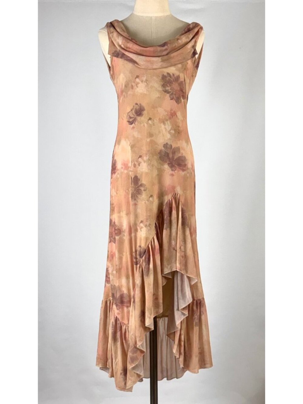 Blush Pink Floral Mesh Asymmetrical Ruffle Dress Cowl Neck Y2K Fairy Feminine
